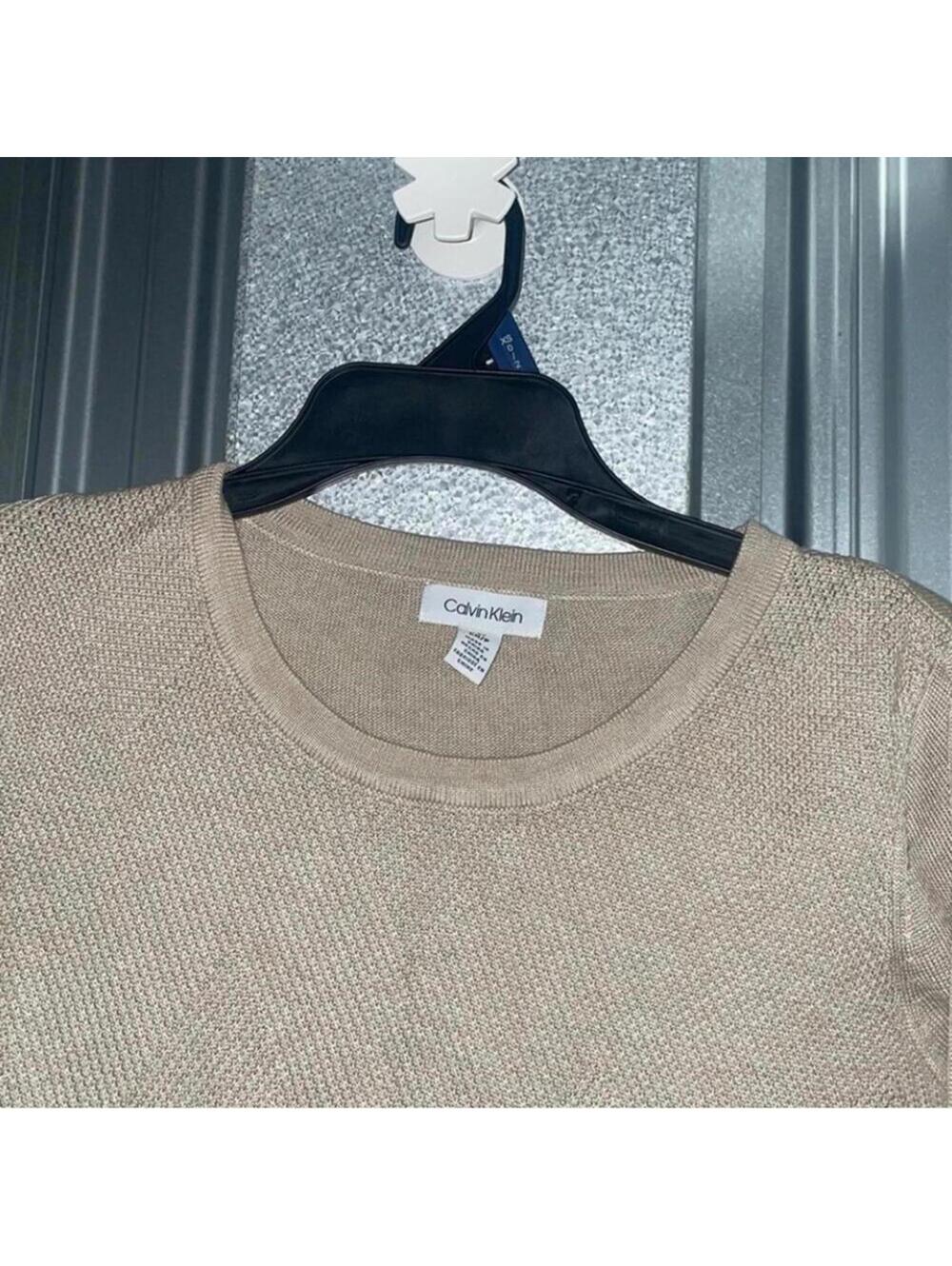 Calvin Klein Tan Sweater With White Under Shirt Trim Preppy Academia Minimal - Picture 2 of 9